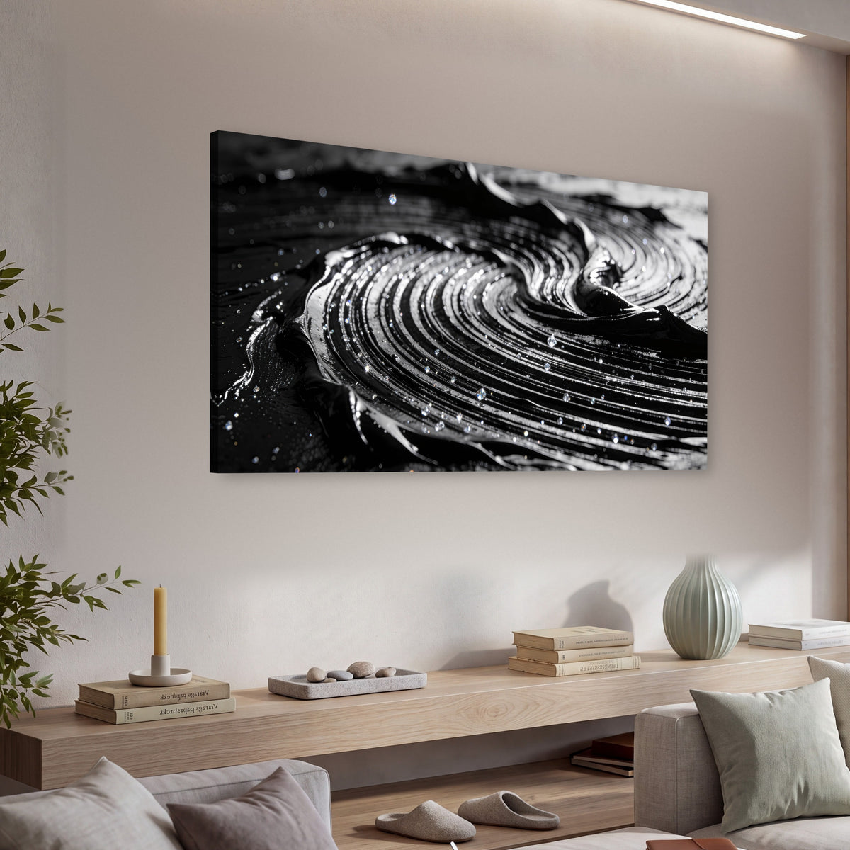 Black and silver swirl abstract painting canvas wall art in a living room above a console