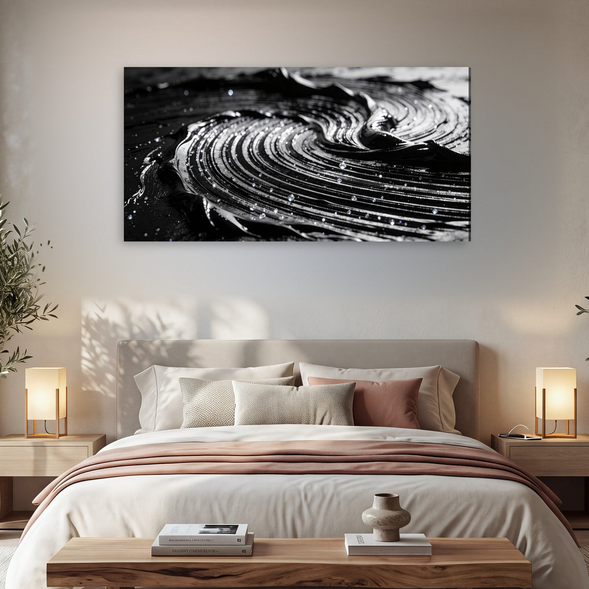 Black and silver swirl abstract painting canvas wall art in a bedroom above the bed
