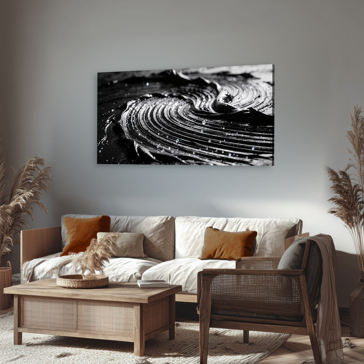 Black and silver swirl abstract painting canvas wall art in a rustic living room