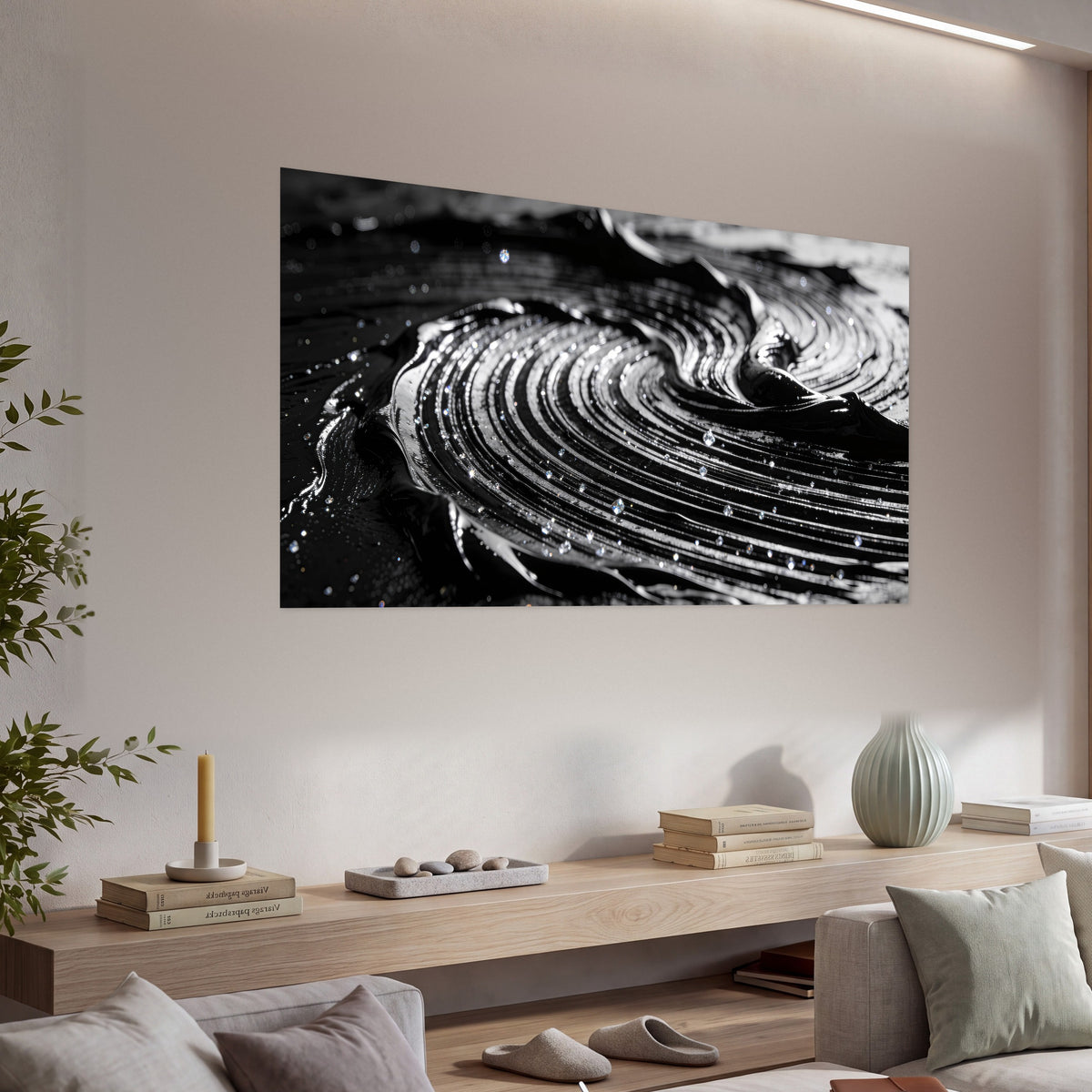 Black and silver swirl abstract painting poster print in a living room above a console