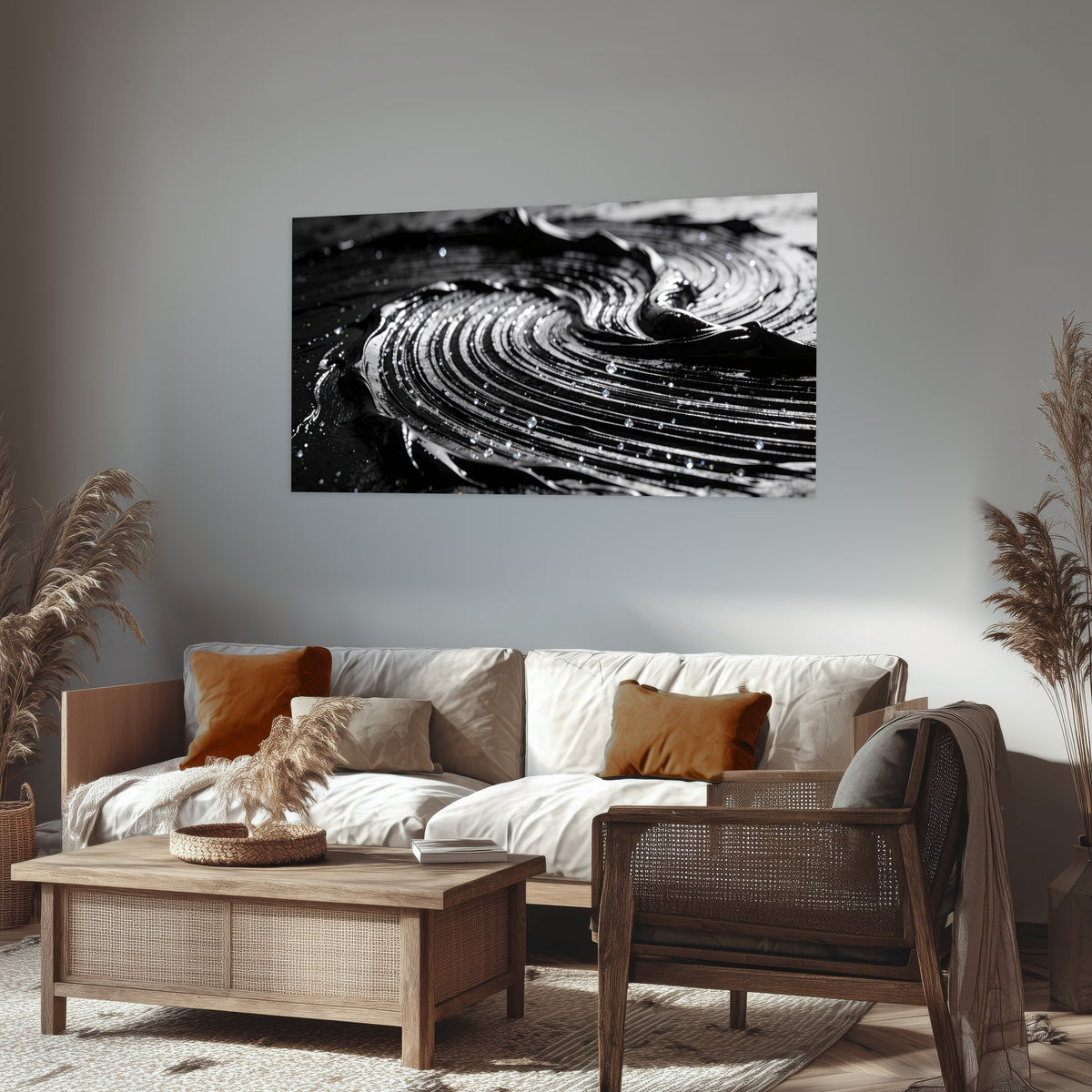 Black and silver swirl abstract painting poster print in a rustic living room