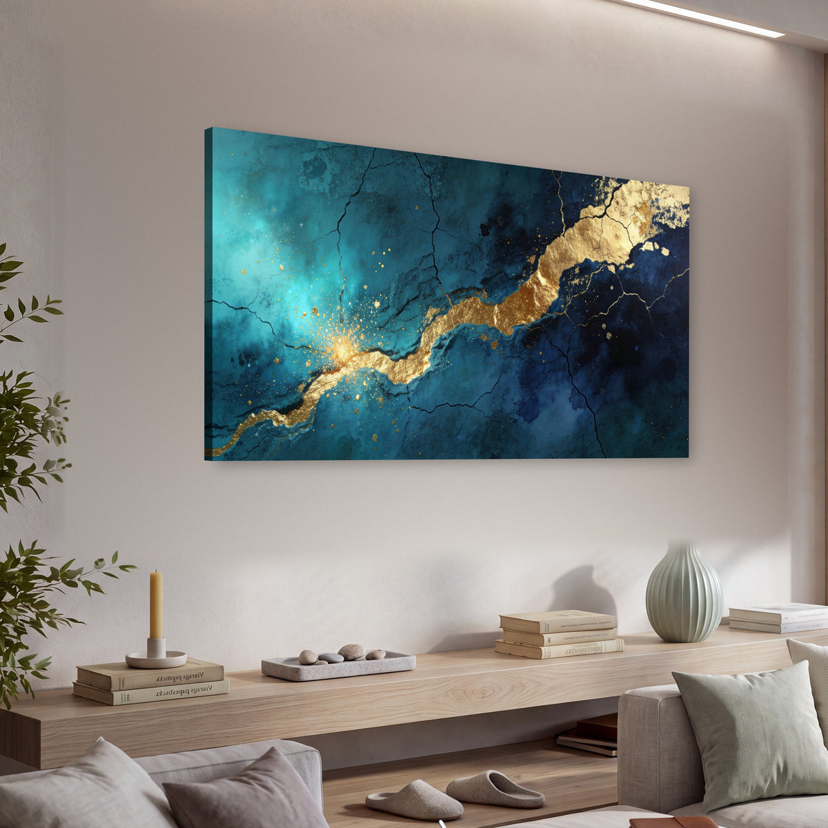 Teal and gold kintsugi abstract painting canvas wall art in a living room above a console