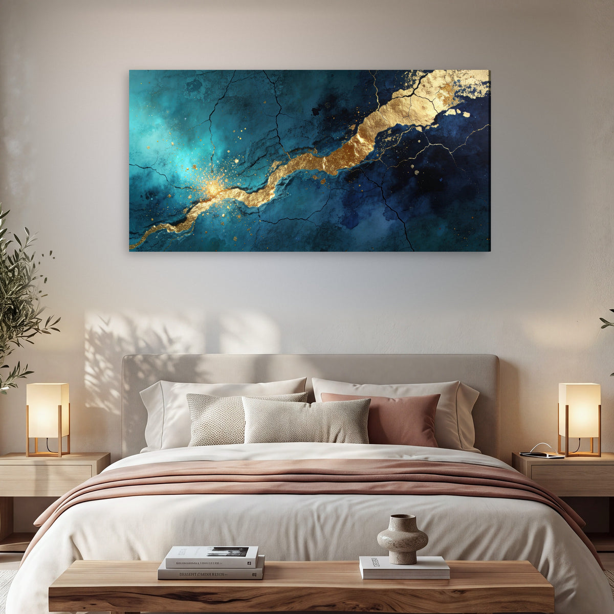 Teal and gold kintsugi abstract painting canvas wall art in a bedroom above the bed