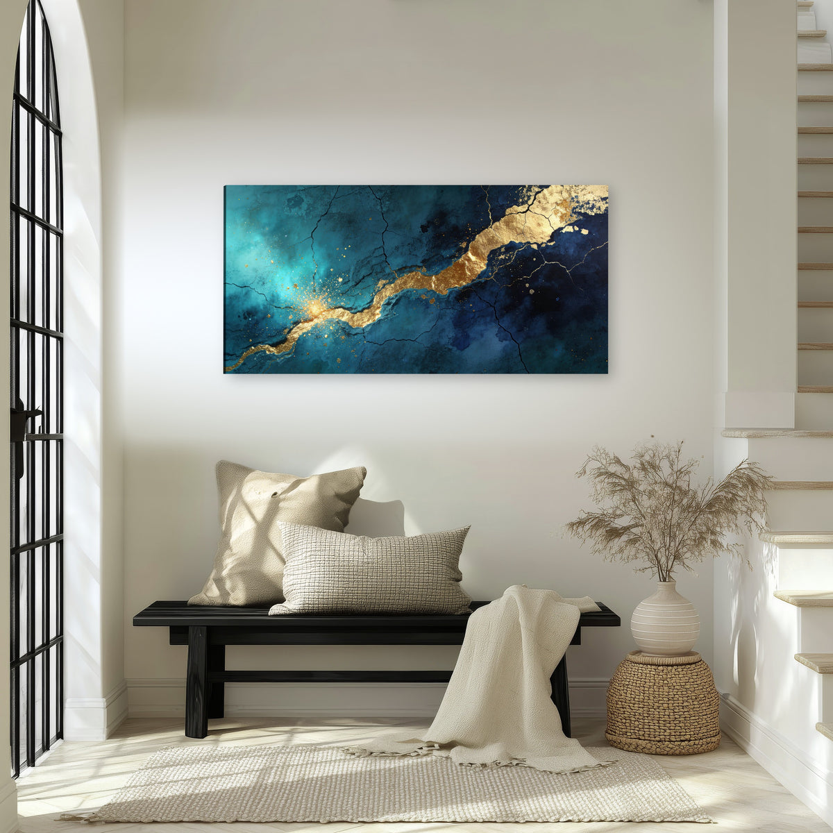 Teal and gold kintsugi abstract painting canvas wall art in an entryway above a bench