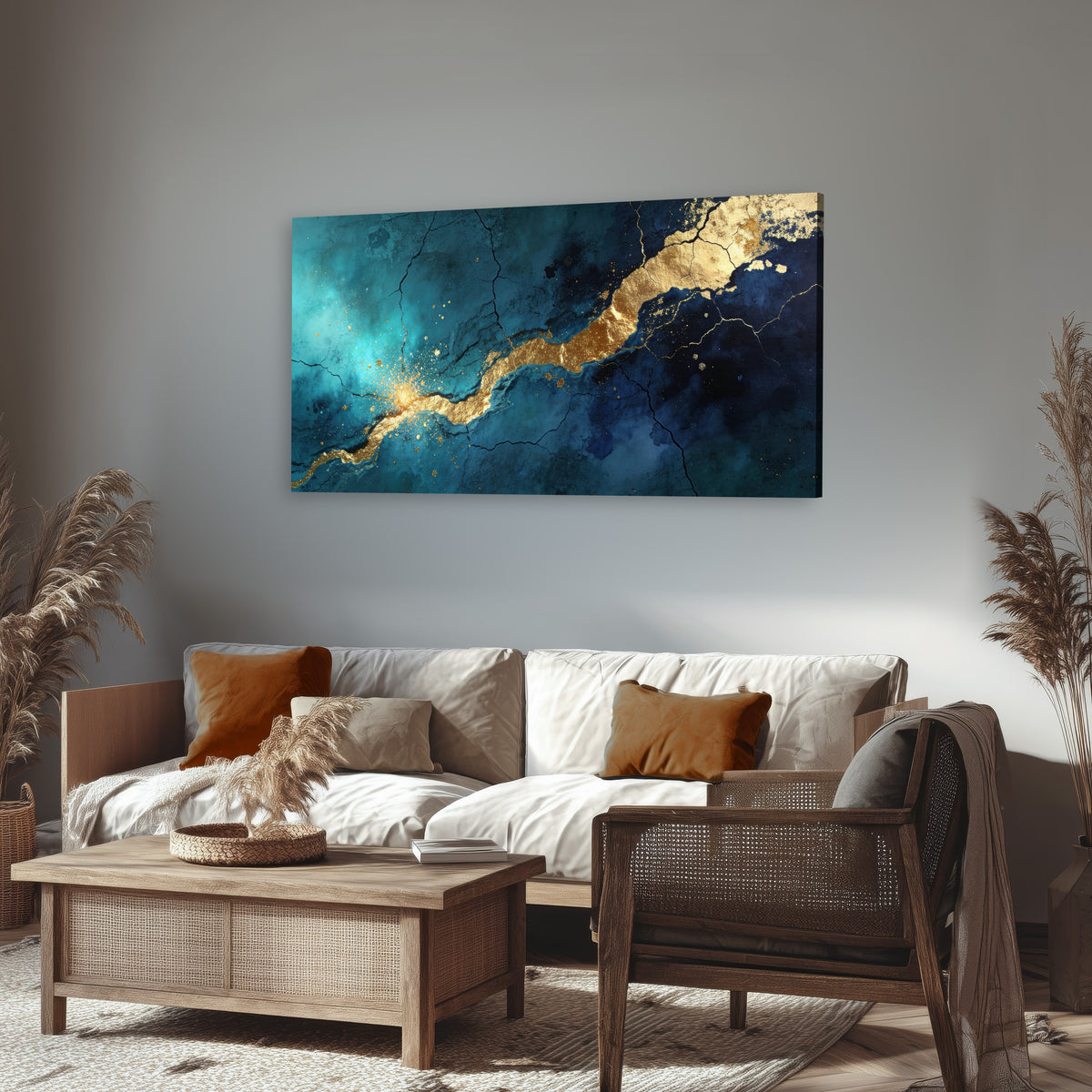 Teal and gold kintsugi abstract painting canvas wall art in a rustic living room