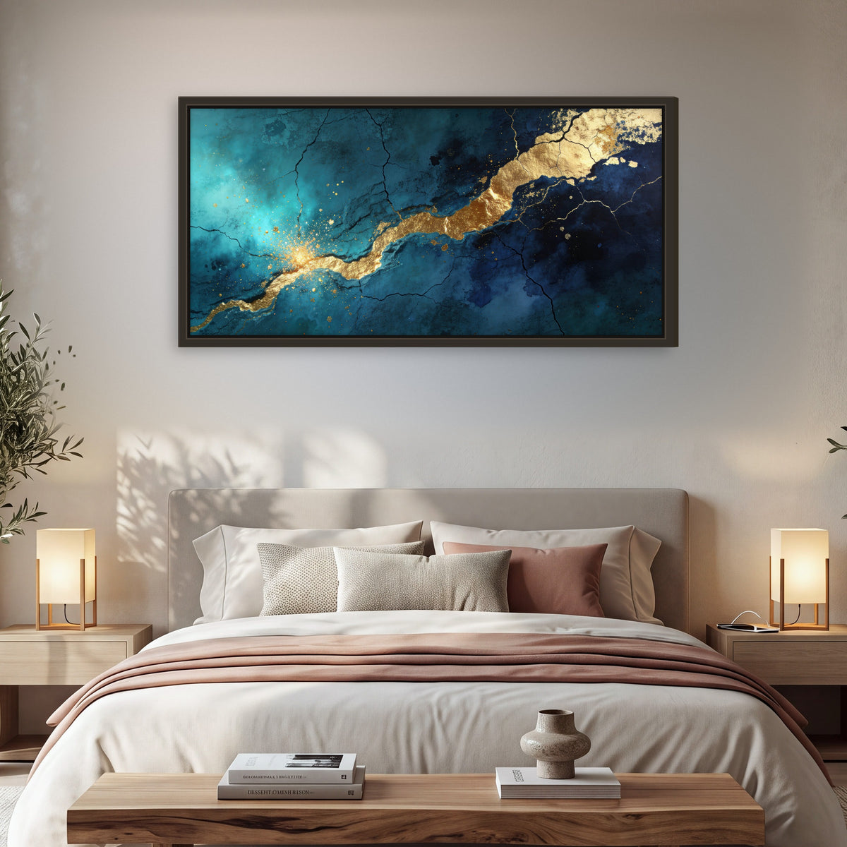 Teal and gold kintsugi abstract painting framed canvas wall art in a bedroom above the bed