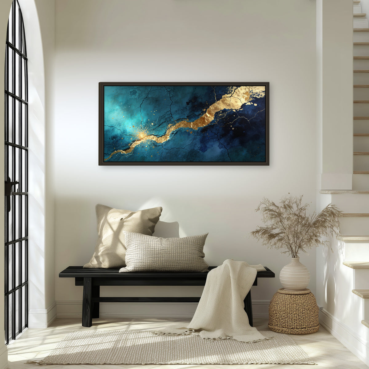 Teal and gold kintsugi abstract painting framed canvas wall art in an entryway above a bench