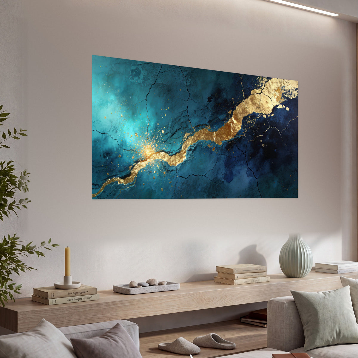 Teal and gold kintsugi abstract painting poster print in a living room above a console