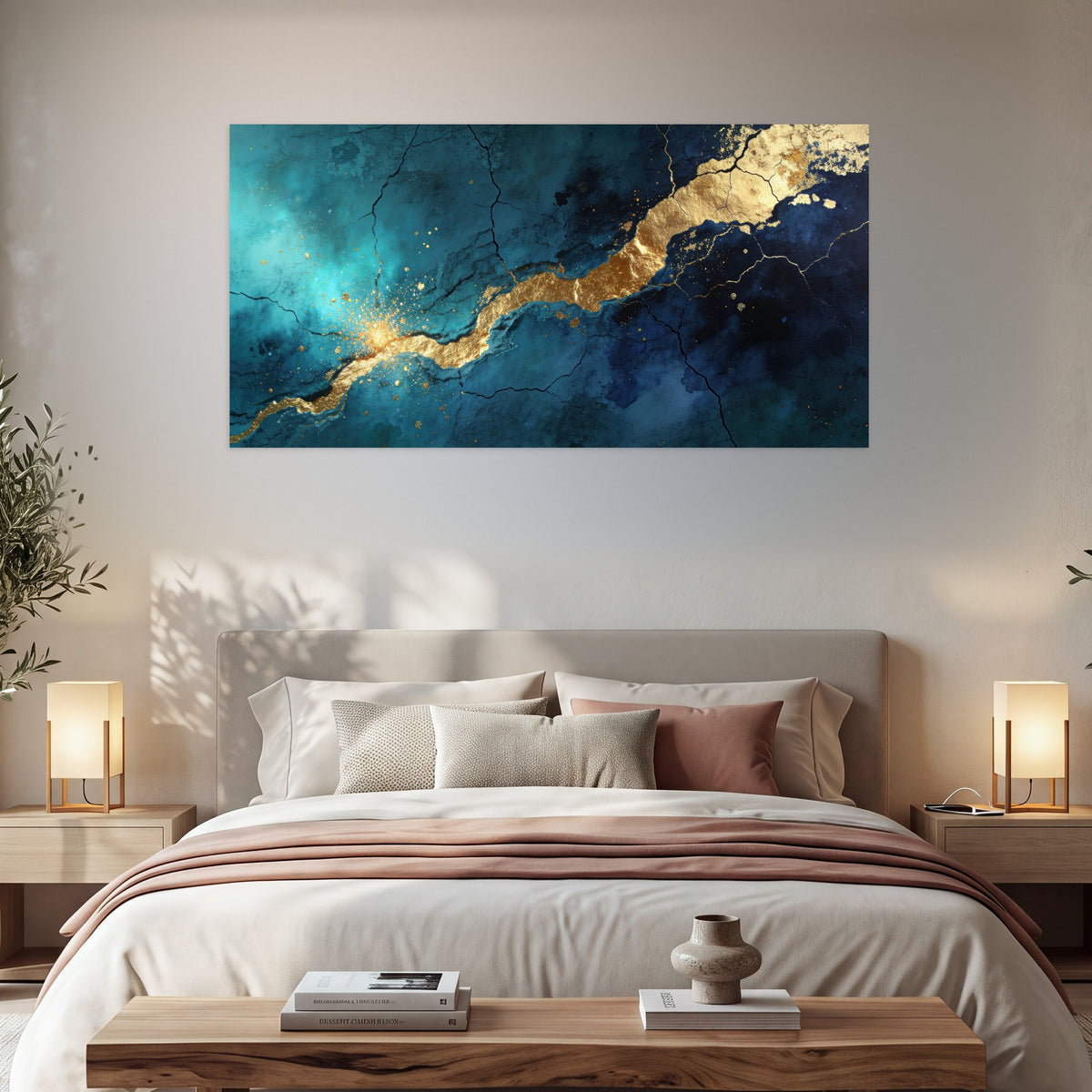 Teal and gold kintsugi abstract painting poster print in a bedroom above the bed