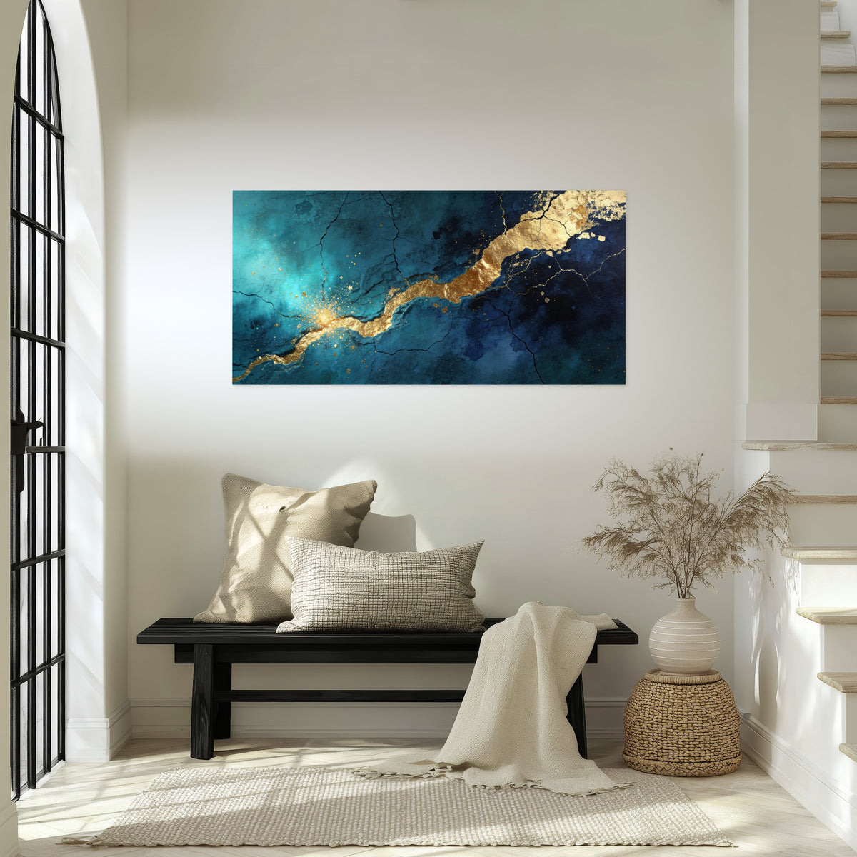 Teal and gold kintsugi abstract painting poster print in an entryway above a bench