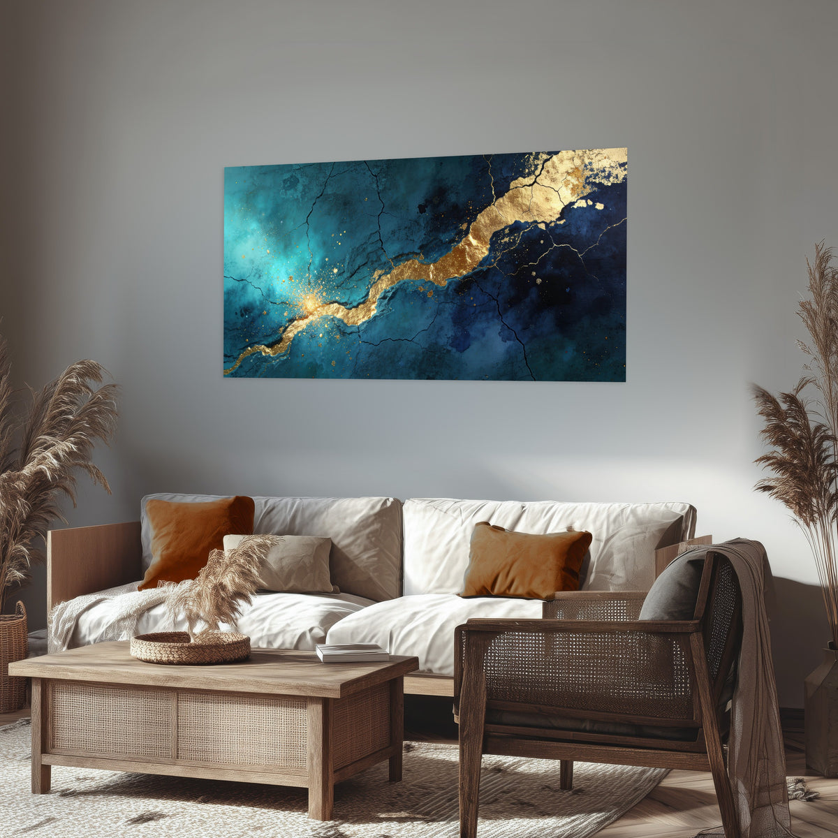 Teal and gold kintsugi abstract painting poster print in a rustic living room