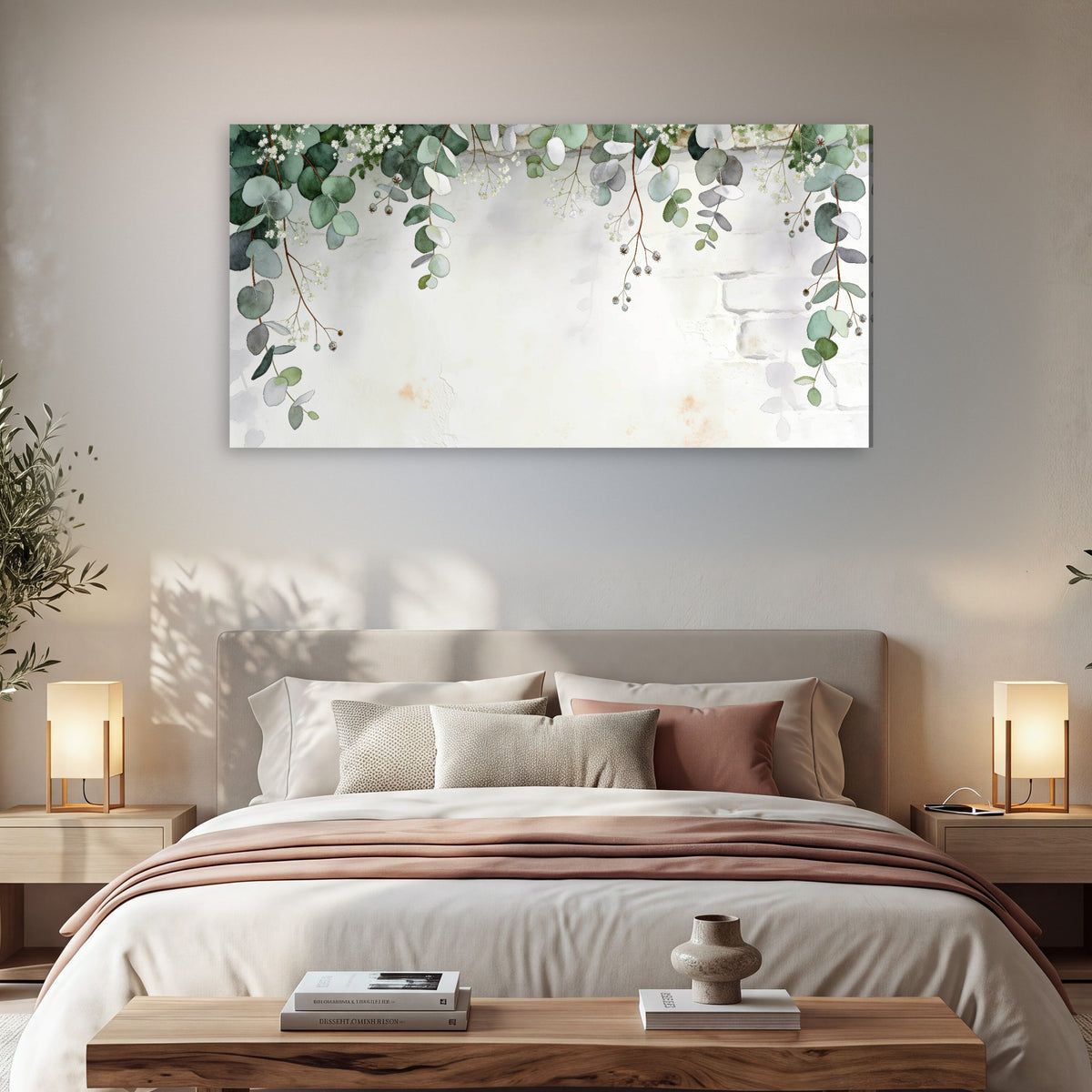 Watercolor eucalyptus greenery painting canvas wall art in a bedroom above the bed