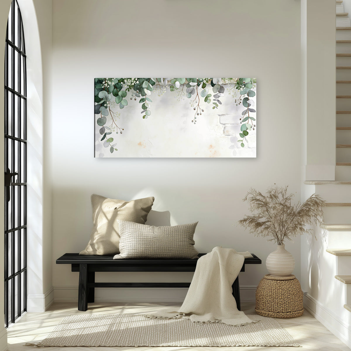 Watercolor eucalyptus greenery painting canvas wall art in an entryway above a bench