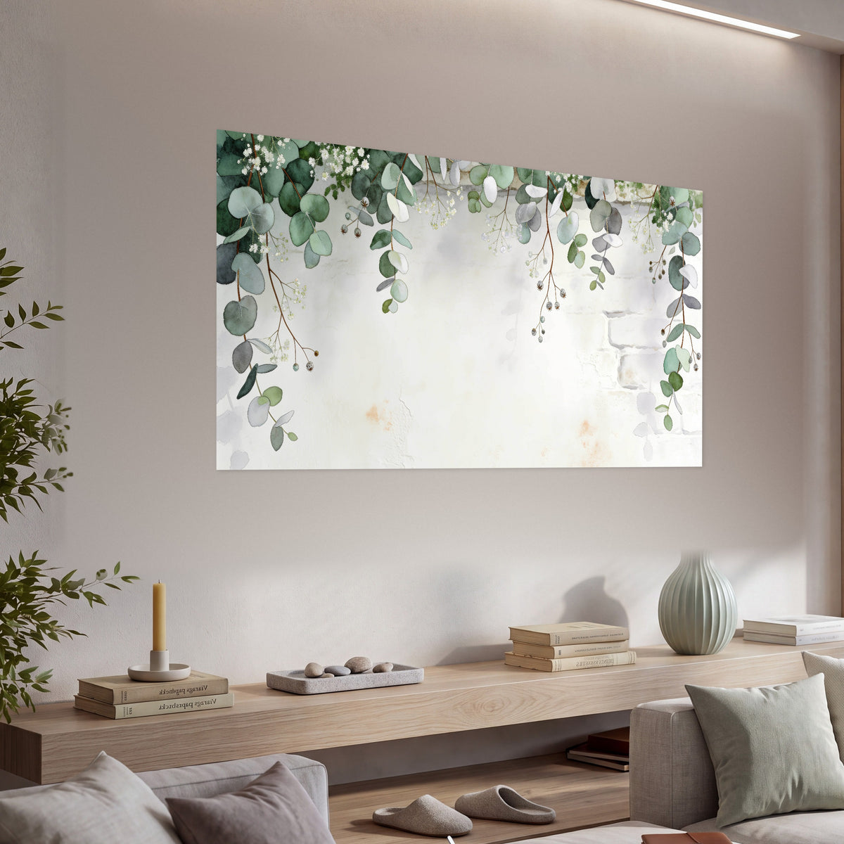 Watercolor eucalyptus greenery painting poster print in a living room above a console