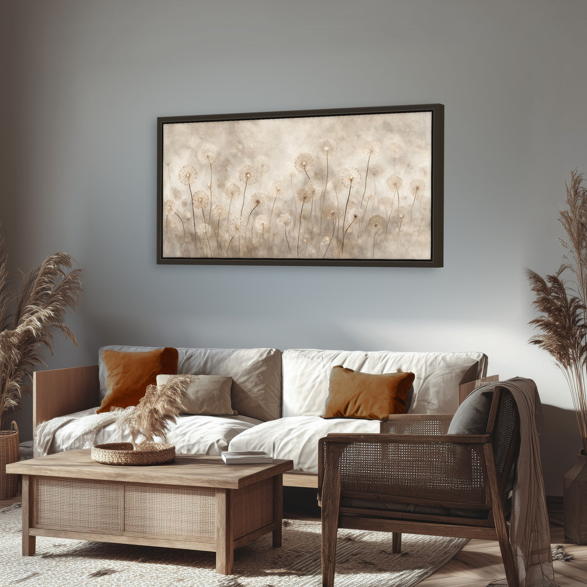 Misty dandelion field painting framed canvas wall art in a rustic living room
