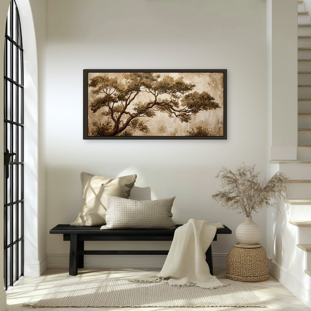 Sepia tree textured painting framed canvas wall art in an entryway above a bench