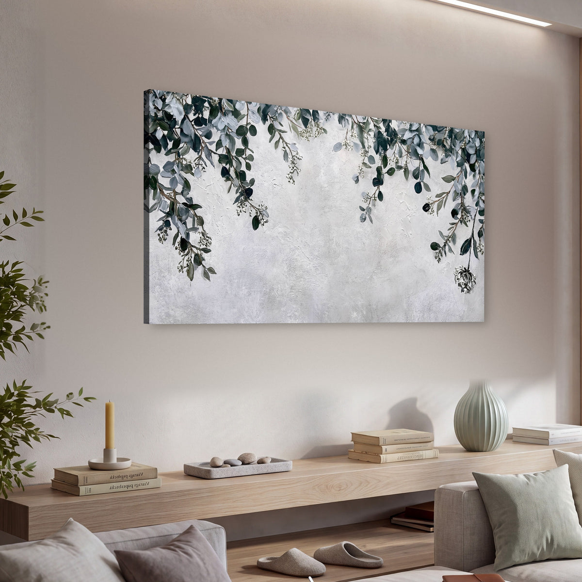 Eucalyptus leaves painting canvas wall art in a living room above a console