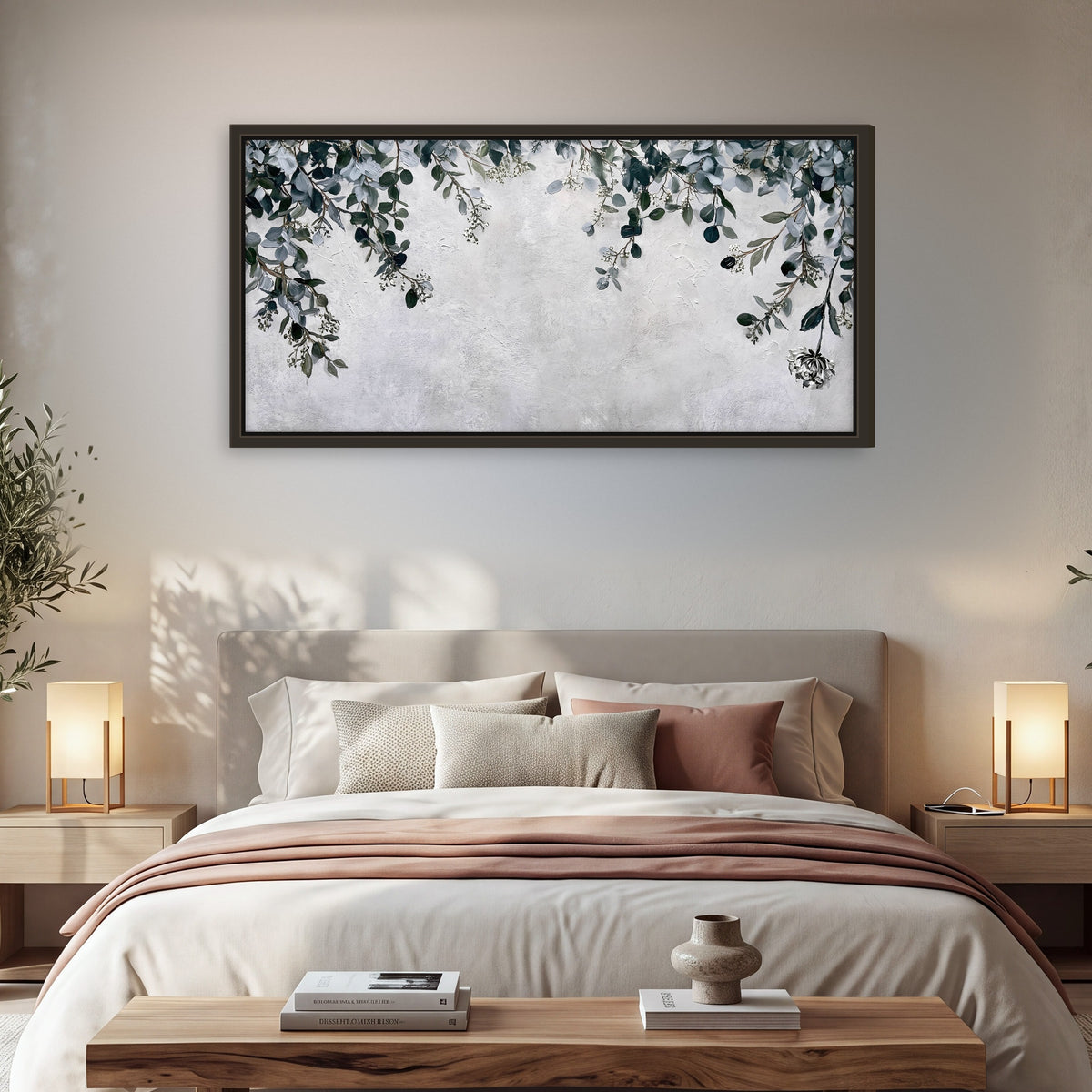 Eucalyptus leaves painting framed canvas wall art in a bedroom above the bed