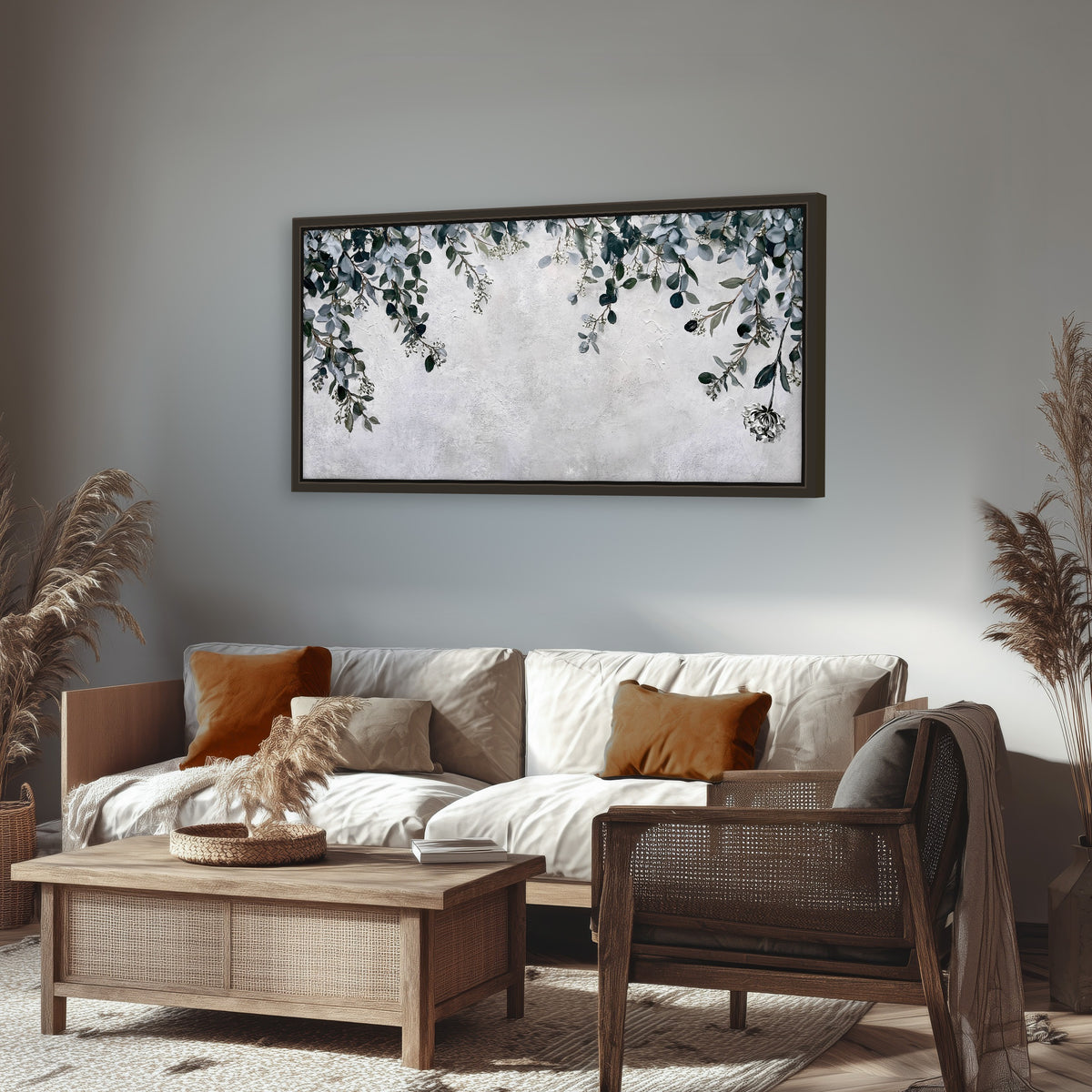 Eucalyptus leaves painting framed canvas wall art in a rustic living room