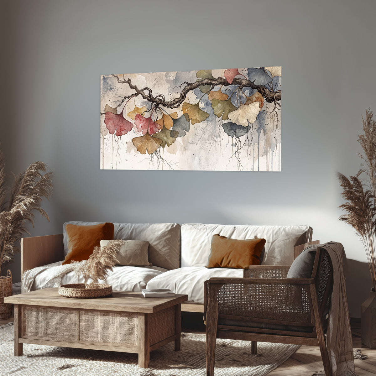 Ginkgo leaves watercolor painting poster print in a rustic living room