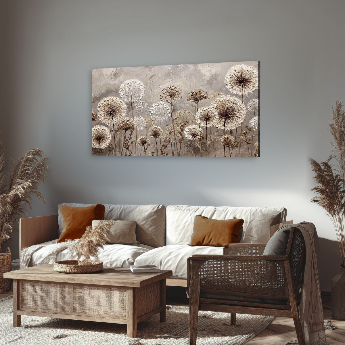Textured dandelion painting canvas wall art in a rustic living room