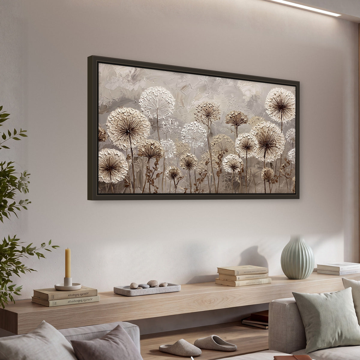 Textured dandelion painting framed canvas wall art in a living room above a console