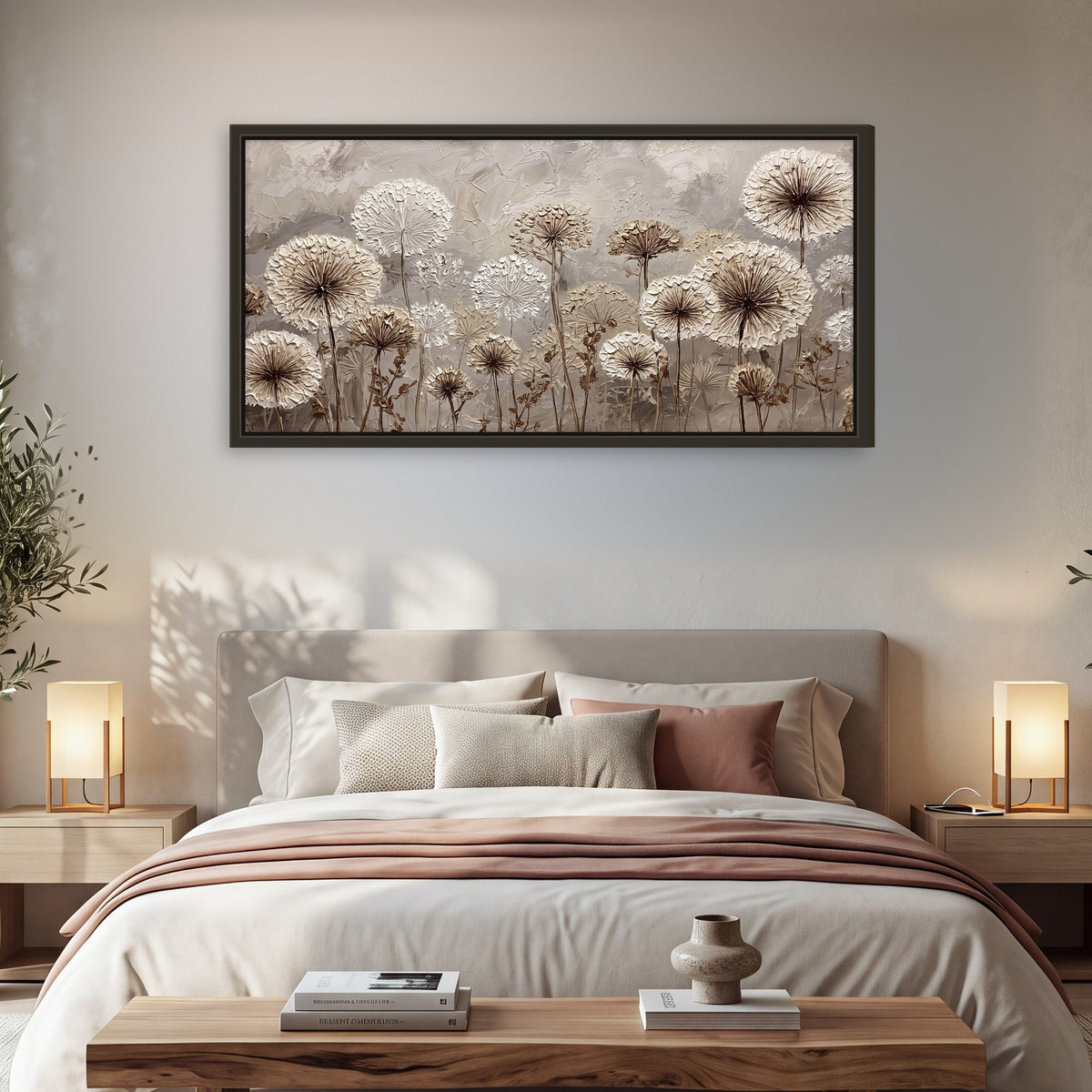 Textured dandelion painting framed canvas wall art in a bedroom above the bed