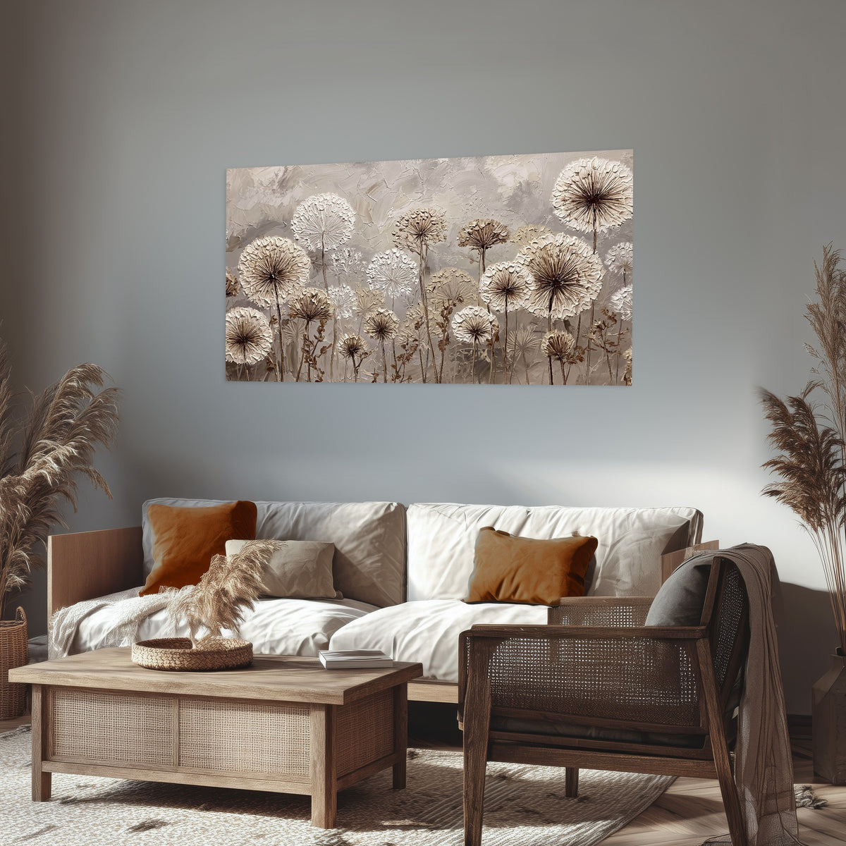 Textured dandelion painting poster print in a rustic living room