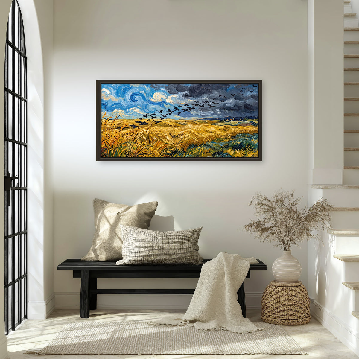 Wheat field with crows painting framed canvas wall art in an entryway above a bench