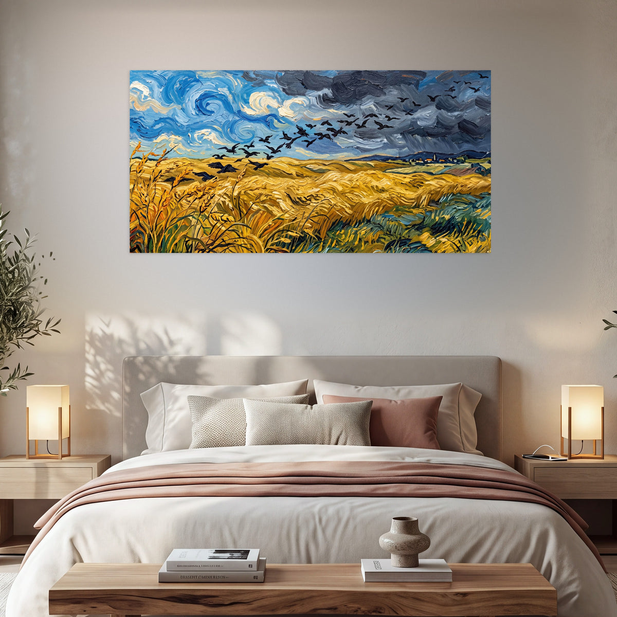 Wheat field with crows painting poster print in a bedroom above the bed