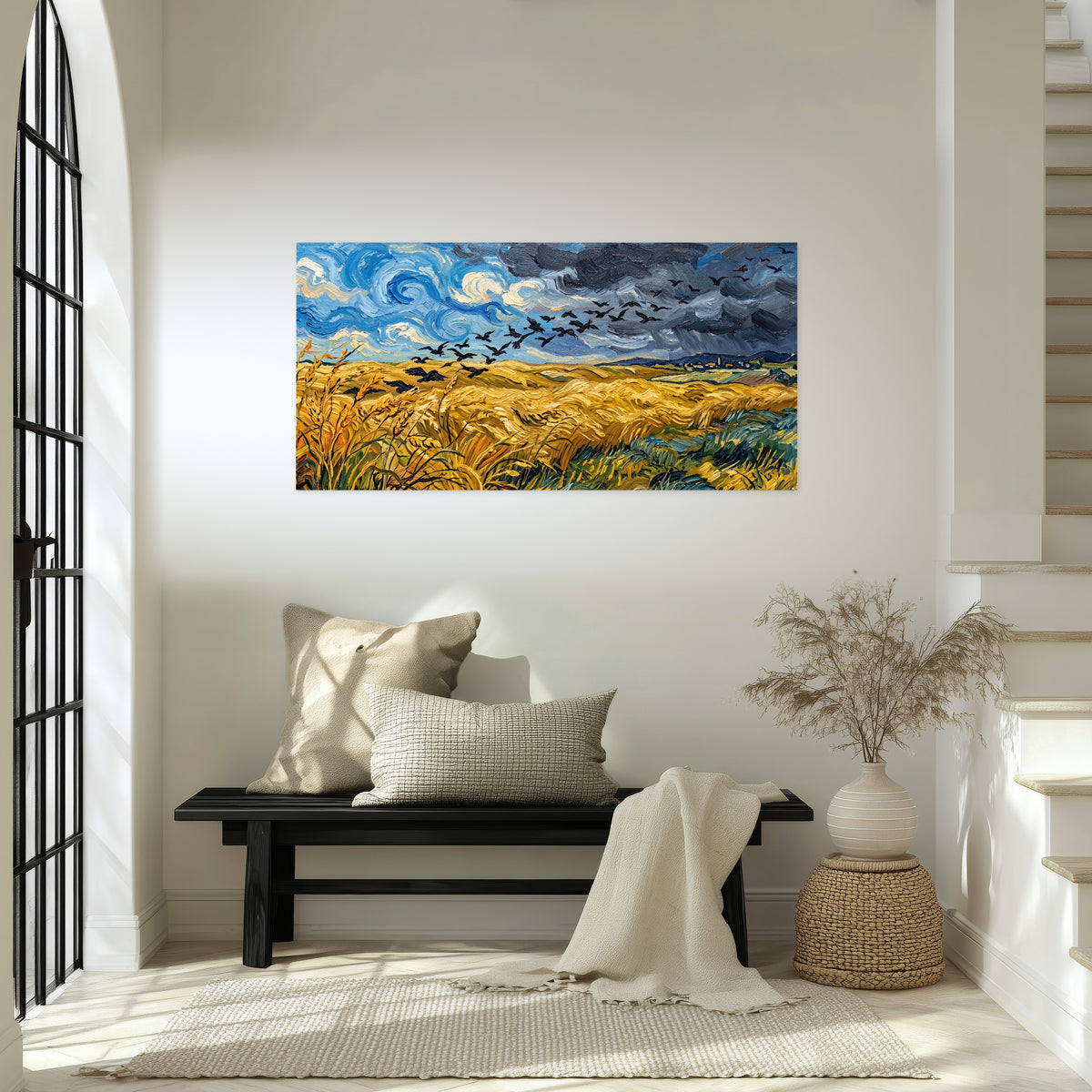 Wheat field with crows painting poster print in an entryway above a bench