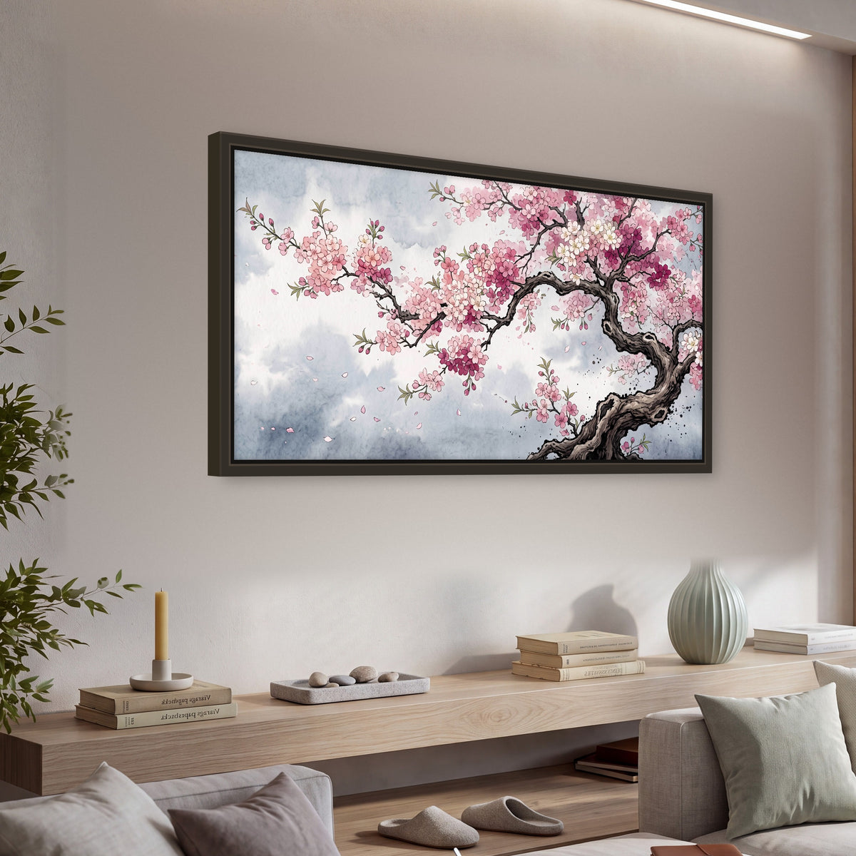 Cherry blossom tree painting framed canvas wall art in a living room above a console