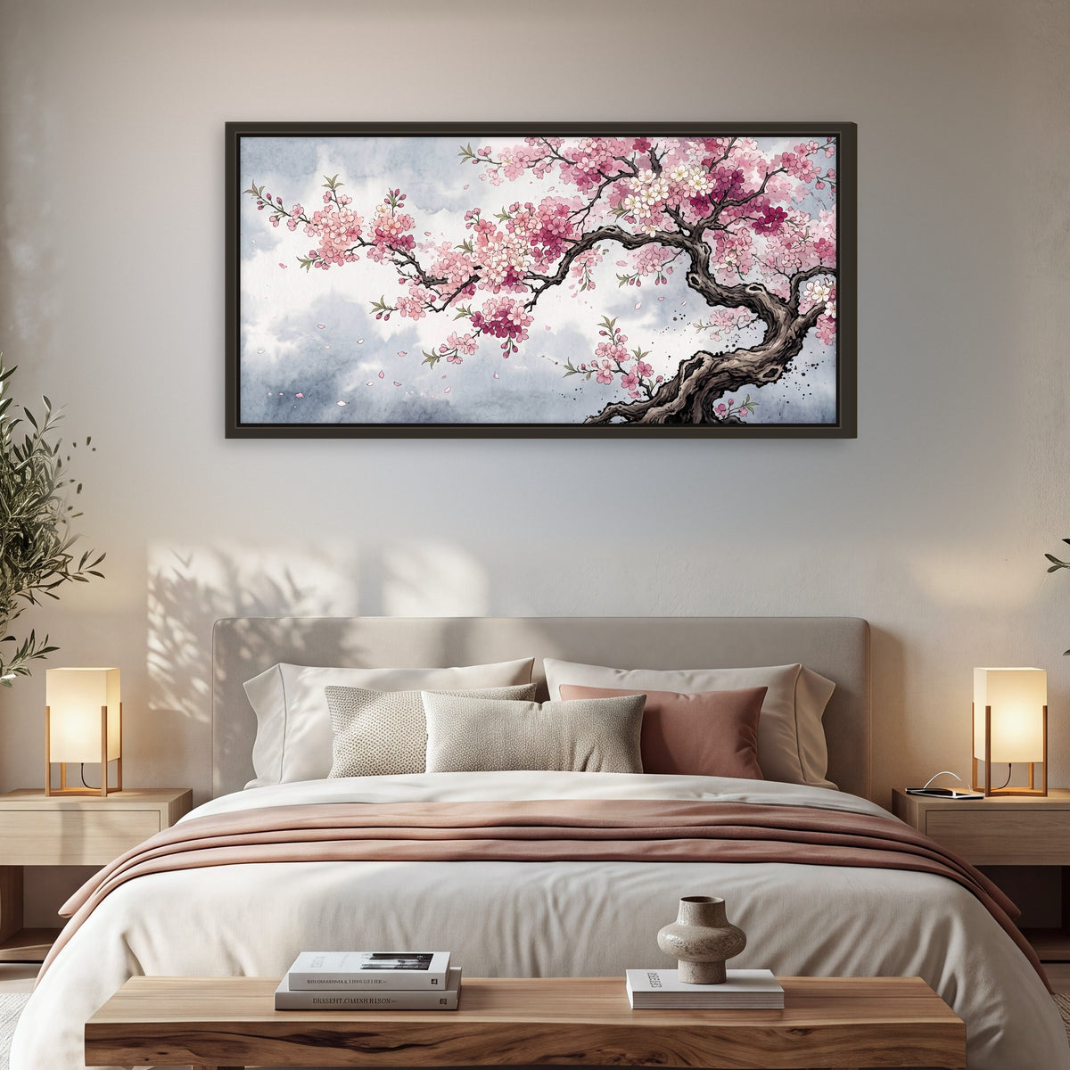 Cherry blossom tree painting framed canvas wall art in a bedroom above the bed