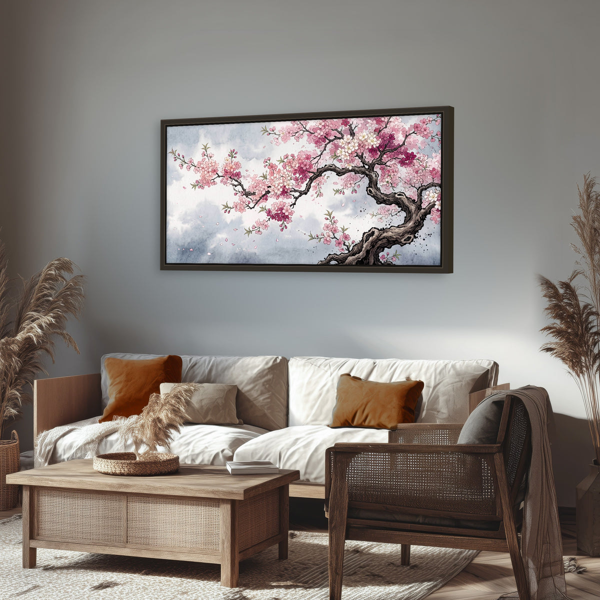 Cherry blossom tree painting framed canvas wall art in a rustic living room