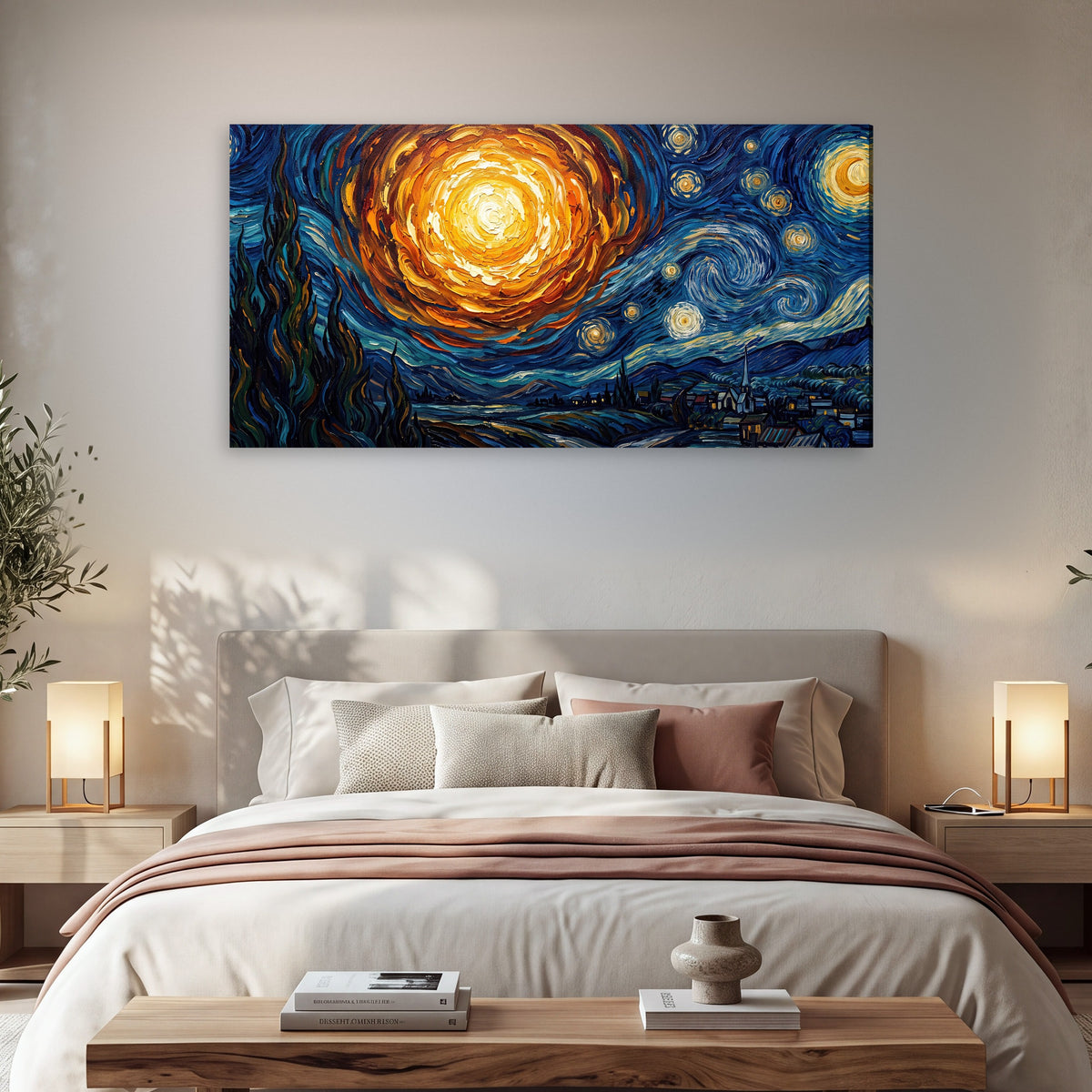 Starry night sky painting canvas wall art in a bedroom above the bed