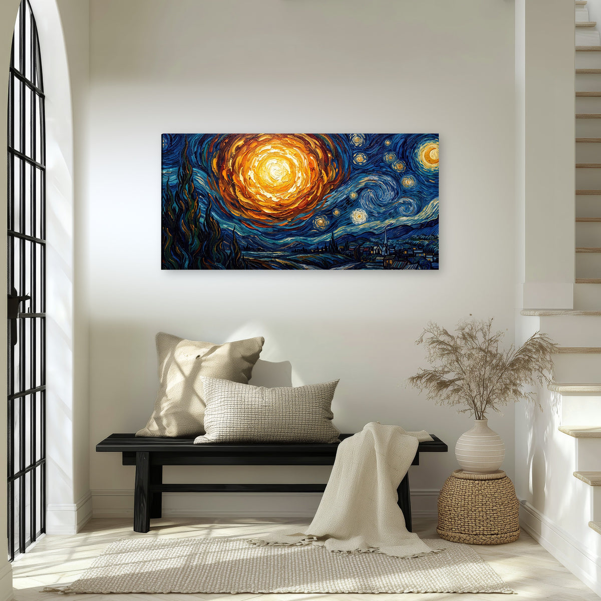 Starry night sky painting canvas wall art in an entryway above a bench