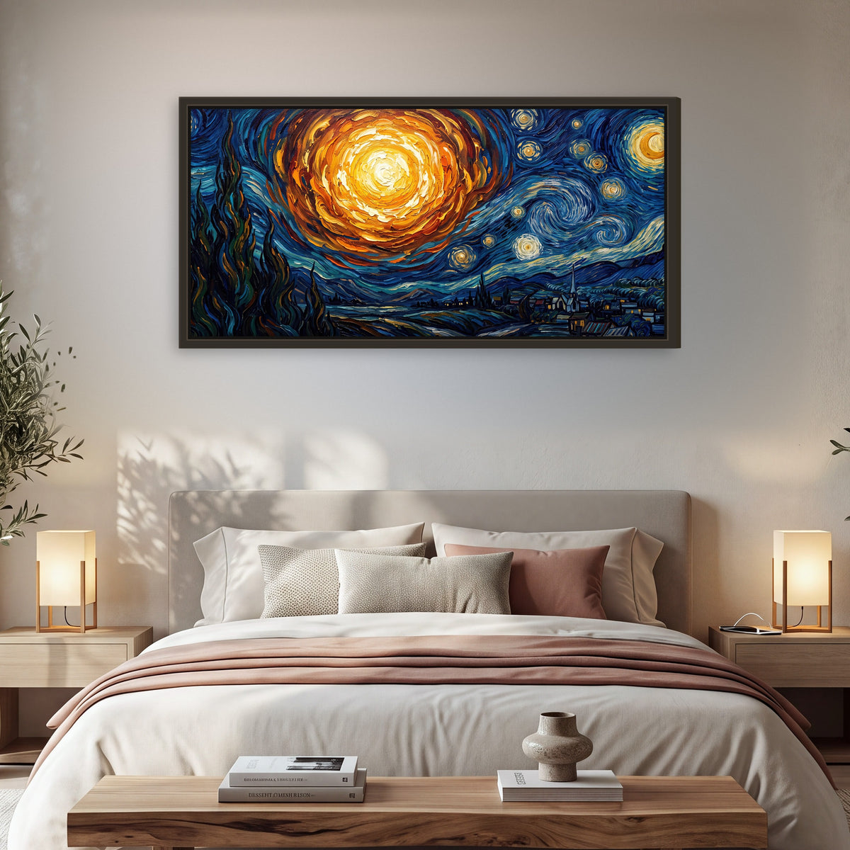 Starry night sky painting framed canvas wall art in a bedroom above the bed