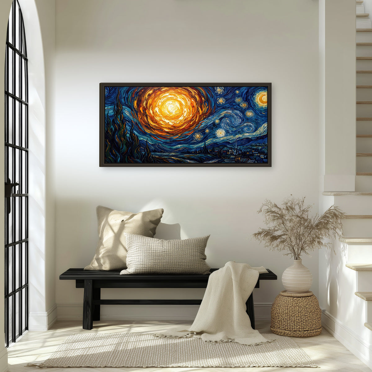 Starry night sky painting framed canvas wall art in an entryway above a bench