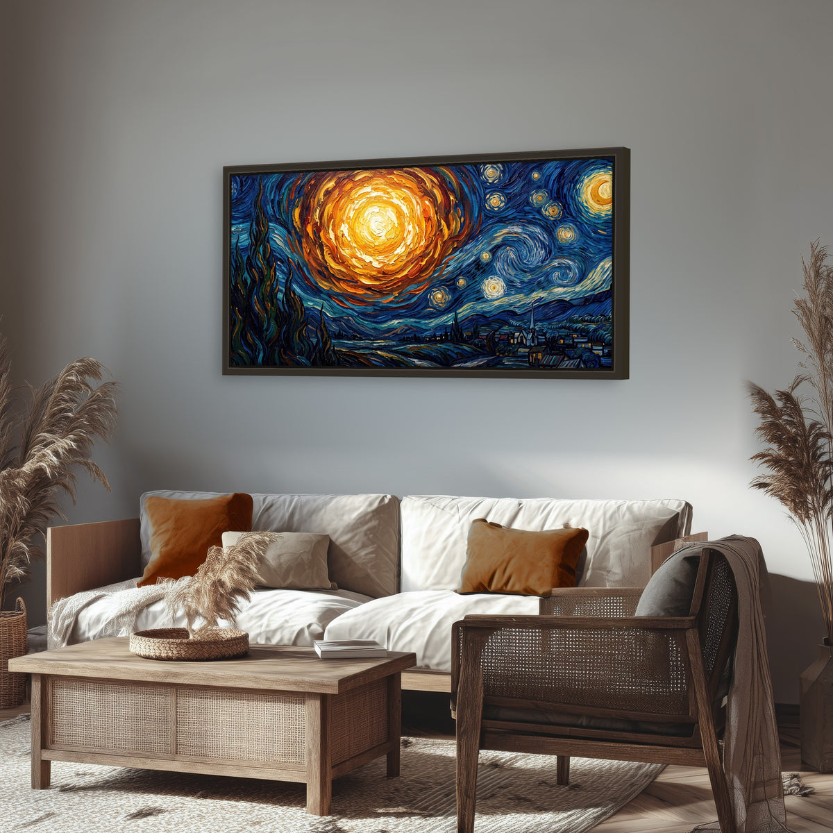 Starry night sky painting framed canvas wall art in a rustic living room
