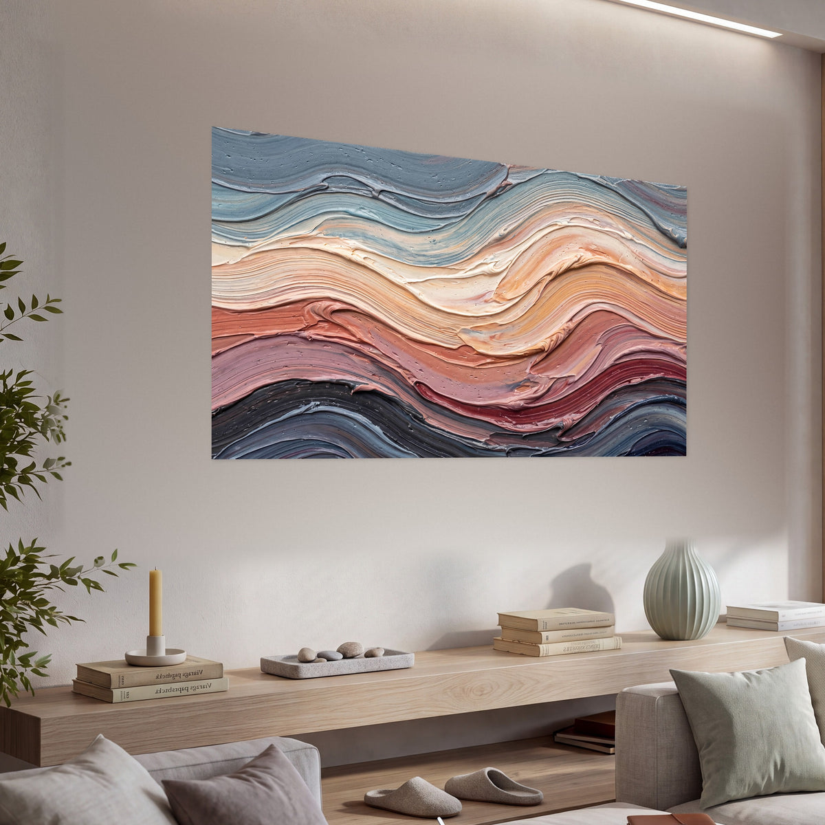 Pastel waves textured abstract painting poster print in a living room above a console