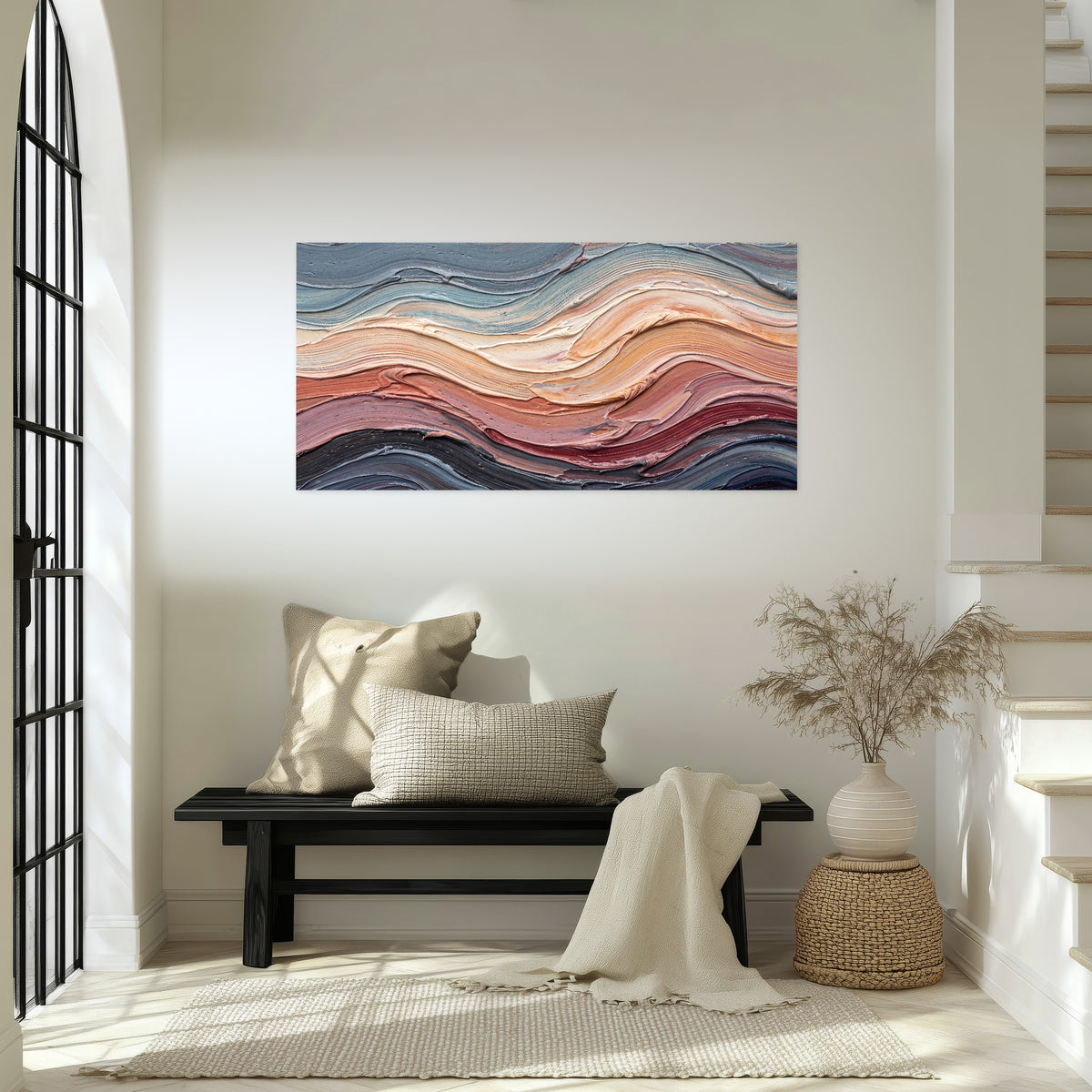 Pastel waves textured abstract painting poster print in an entryway above a bench