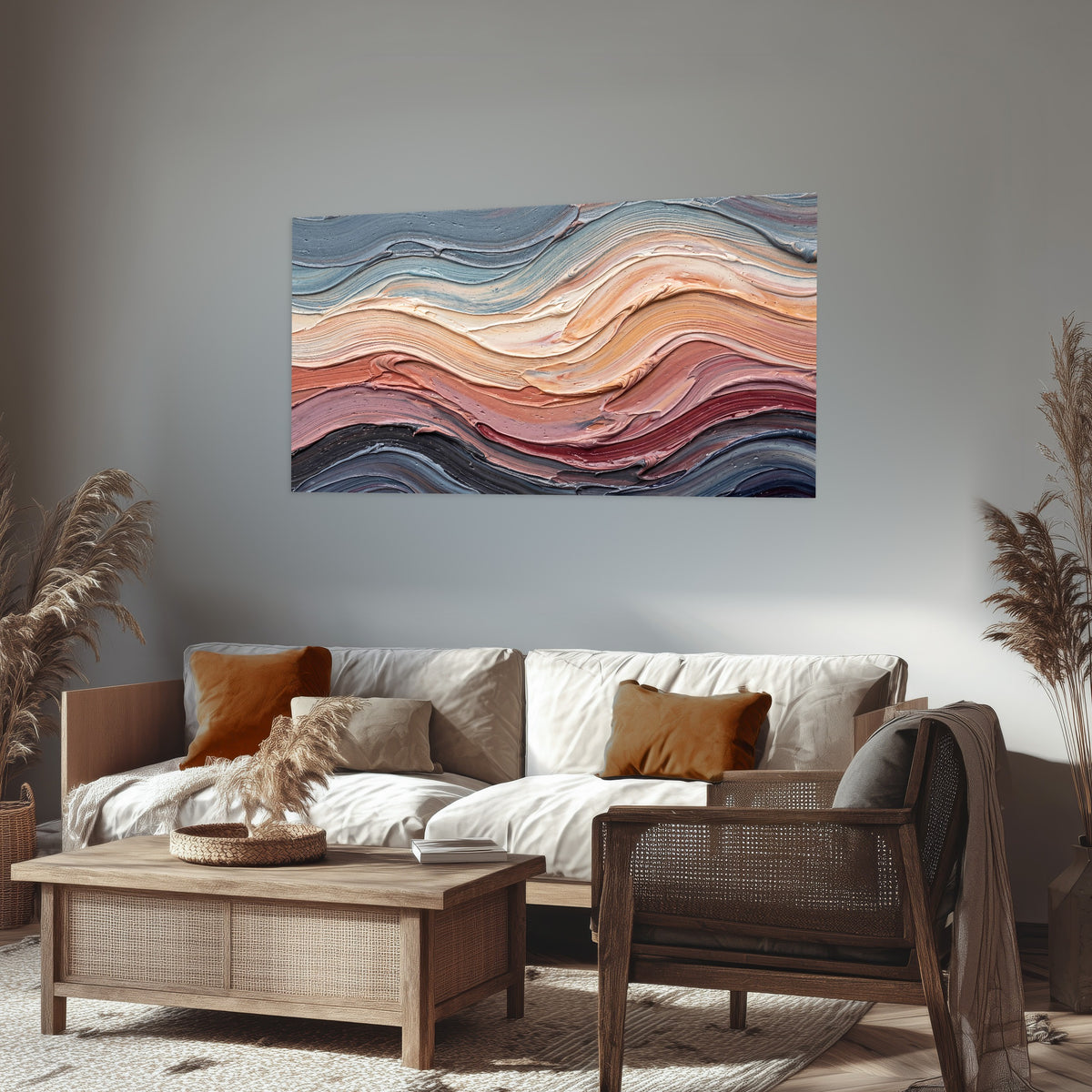 Pastel waves textured abstract painting poster print in a rustic living room