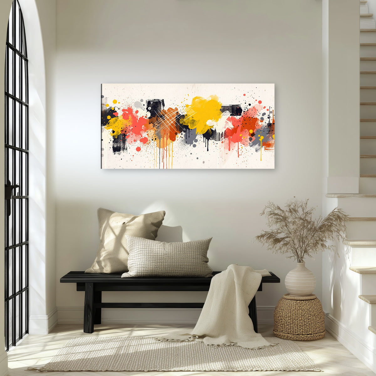 Paint splash abstract painting canvas wall art in an entryway above a bench