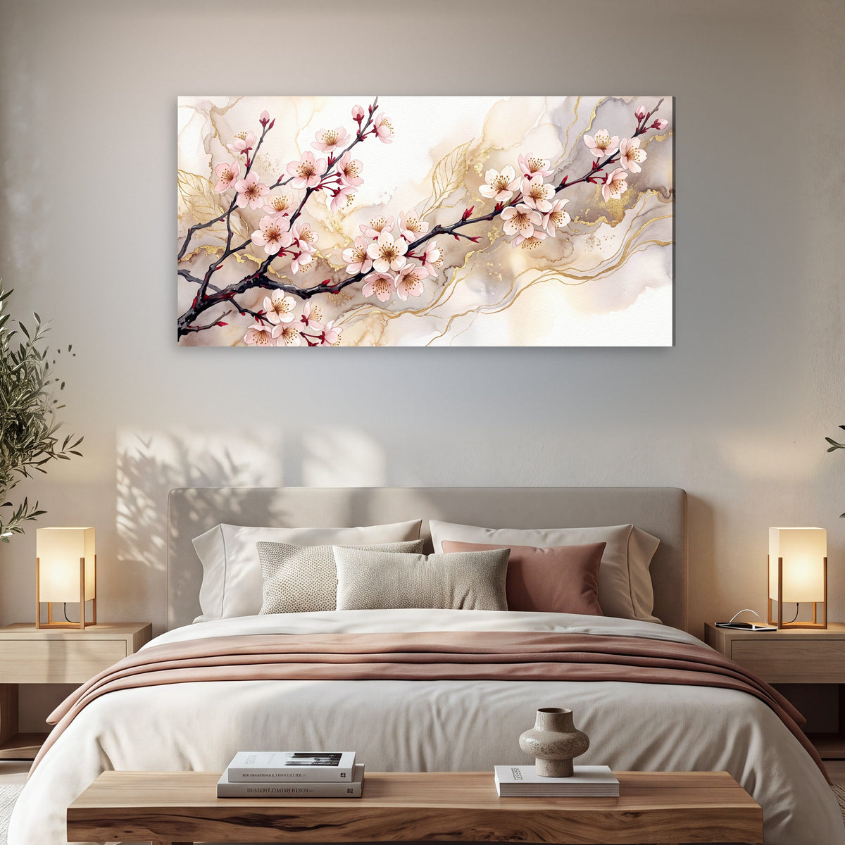 Cherry blossom branch with gold painting canvas wall art in a bedroom above the bed