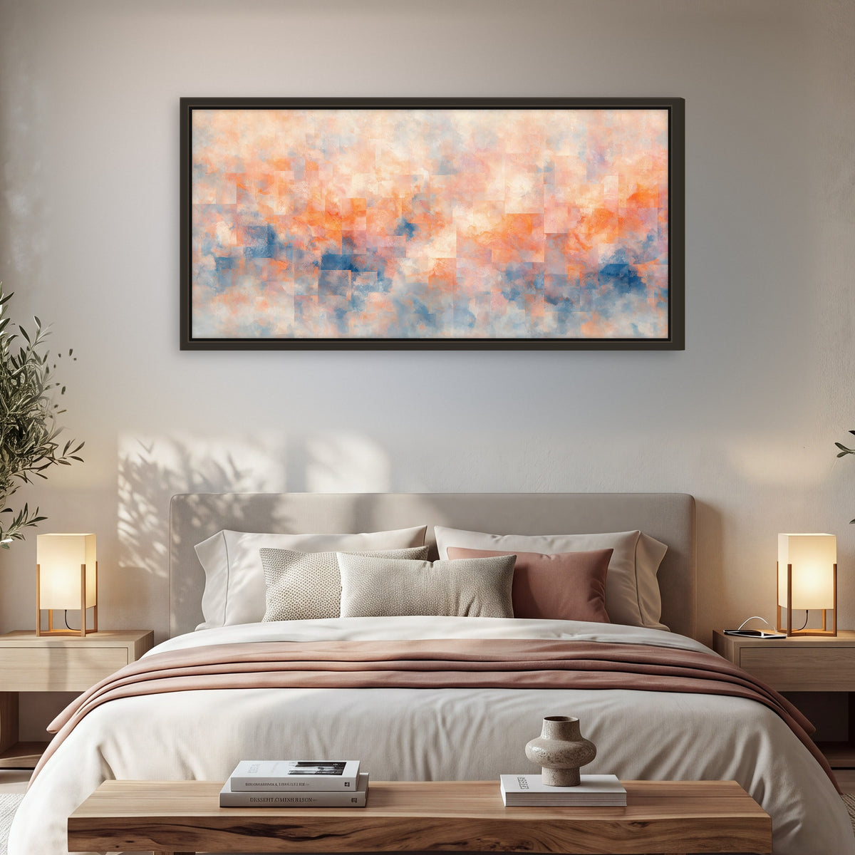 Peach and blue abstract painting framed canvas wall art in a bedroom above the bed