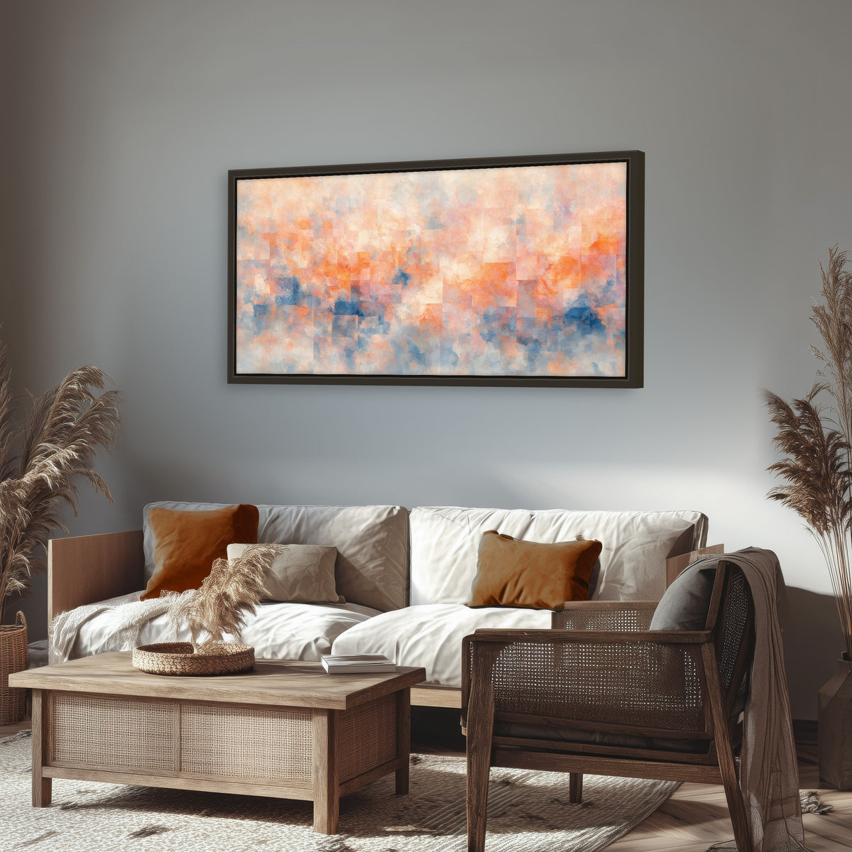 Peach and blue abstract painting framed canvas wall art in a rustic living room