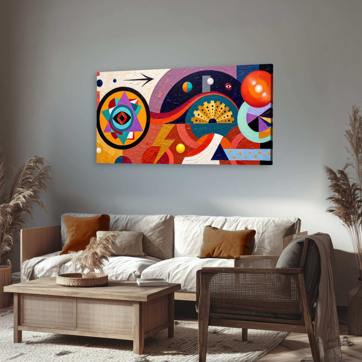Bold boho geometric painting canvas wall art in a rustic living room