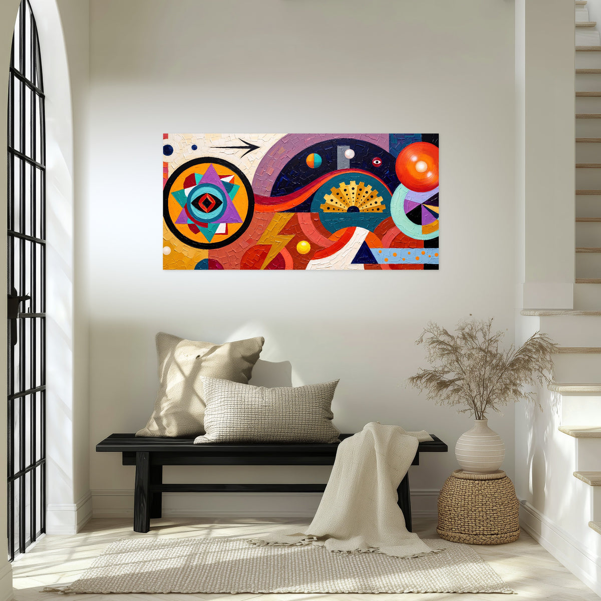 Bold boho geometric painting poster print in an entryway above a bench