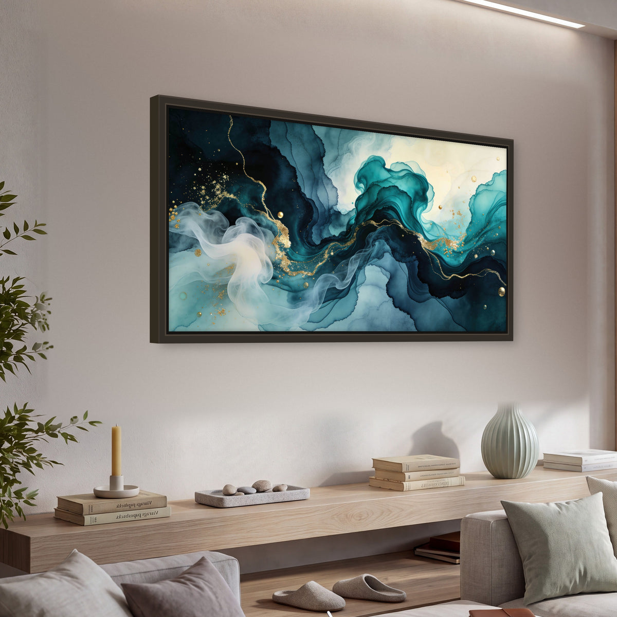 Teal and gold abstract painting framed canvas wall art in a living room above a console