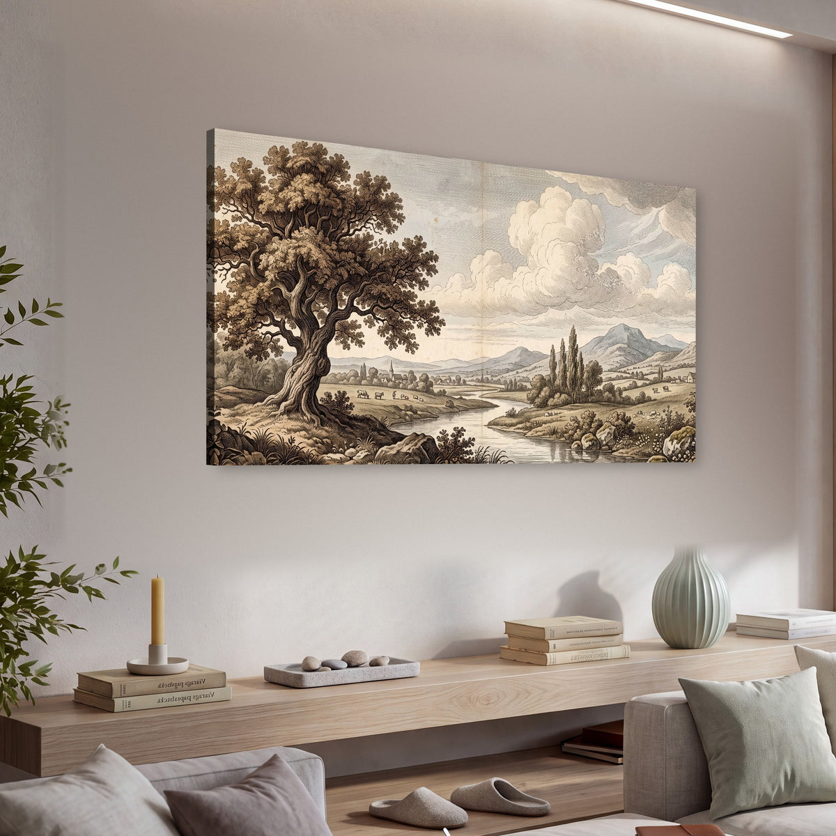 Vintage countryside engraving canvas wall art in a living room above a console